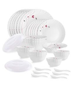 Cello Opalware Dazzle Series Lush Fiesta Dinner Set, 35 Units | Opal Glass Dinner Set for 6 | Light-Weight, Daily Use Crockery Set for Dining | White Plate and Multipurpose Bowl Set