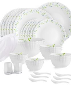 Cello Opalware Dazzle Series Tropical Lagoon Dinner Set, 37 Units | Opal Glass Dinner Set for 6 | Light-Weight, Daily Use Crockery Set for Dining | White Plate and Bowl Set