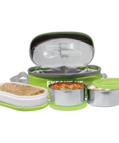 MILTON Executive Lunch Insulated Tiffin, 2 Round Containers, 280 ml Each, 1 Oval Container, 450 ml, Green| Microwave Safe | Easy to Carry | Leak Proof | Insulated Tiffin | Hot Food