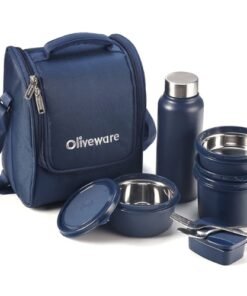 SOPL-OLIVEWARE Teso Pro Lunch Box With Steel Cutlery,3 Microwave Safe Inner Steel Containers With Bpa Free Lids(290Ml,450Ml&600Ml)Plastic Pickle Box(130Ml)Steel Water Bottle(750Ml)-Blue,600 Ml