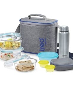 Treo By Milton All Fresh Premier Glass Tiffin Set of 8 (3 - Containers, 400 ml Each; 1 - Steel Bottle, 750 ml; 2 - Pickle/Chutney Dabba, 30 ml Each; 1 - Salad/Papad Dabba, 200 ml; 1 - Dining Mat)